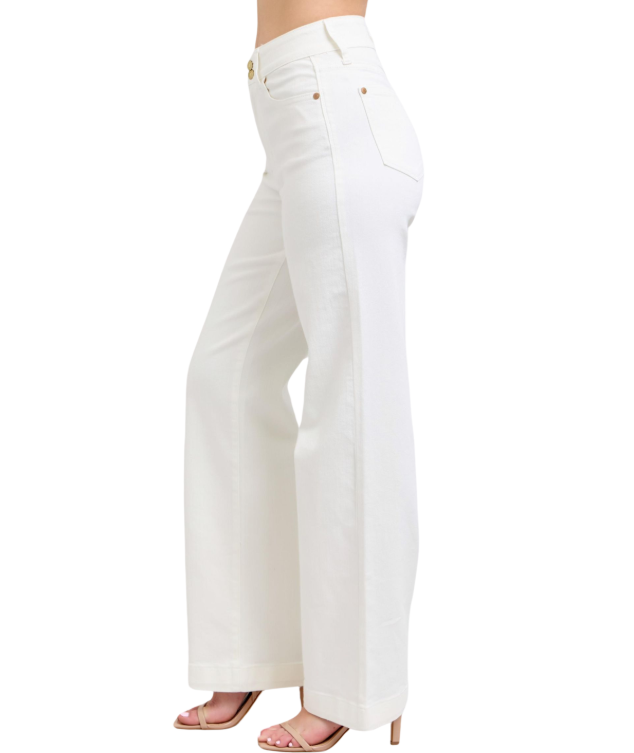 Judy Blue HW Double Button White Wide Trousers