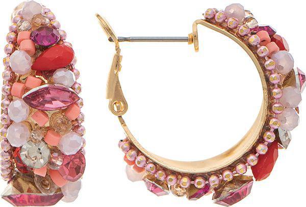 Gold Pink Bead Mosaic Hoop Earring