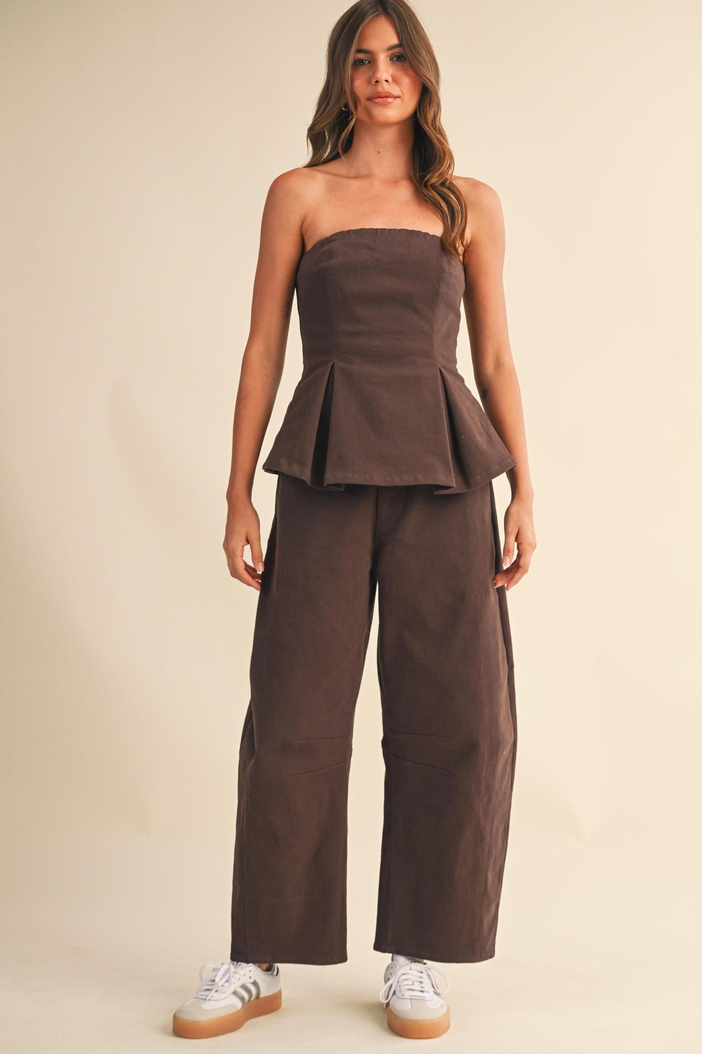 Dark brown Pleated Strapless Peplum Top