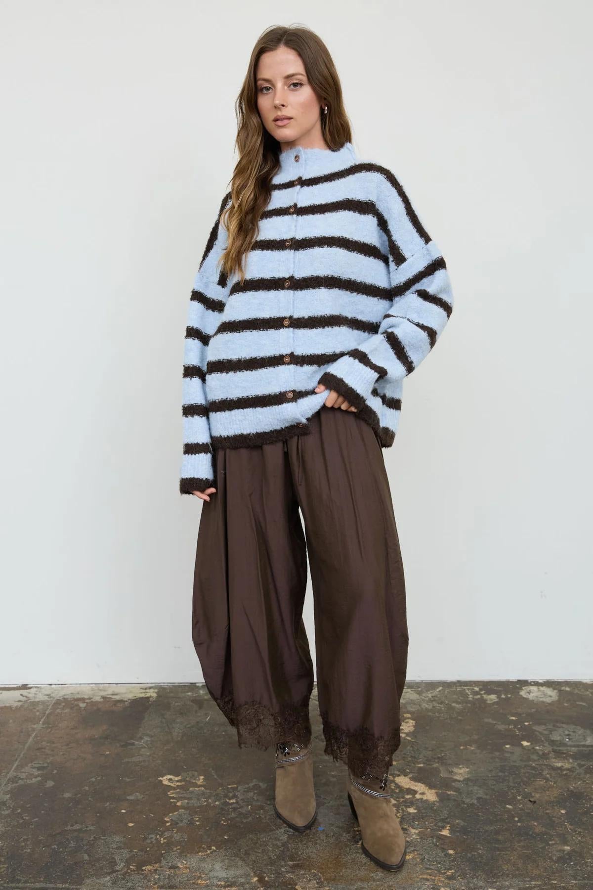 BLUE STRIPE MOCK NECK BUTTON DOWN FUZZY KNIT CARDIGAN
