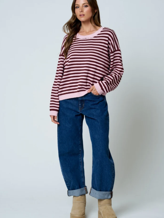 STRIPE RELAXED BACK BUTTON DETAIL KNIT SWEATER - LIGHT PINK