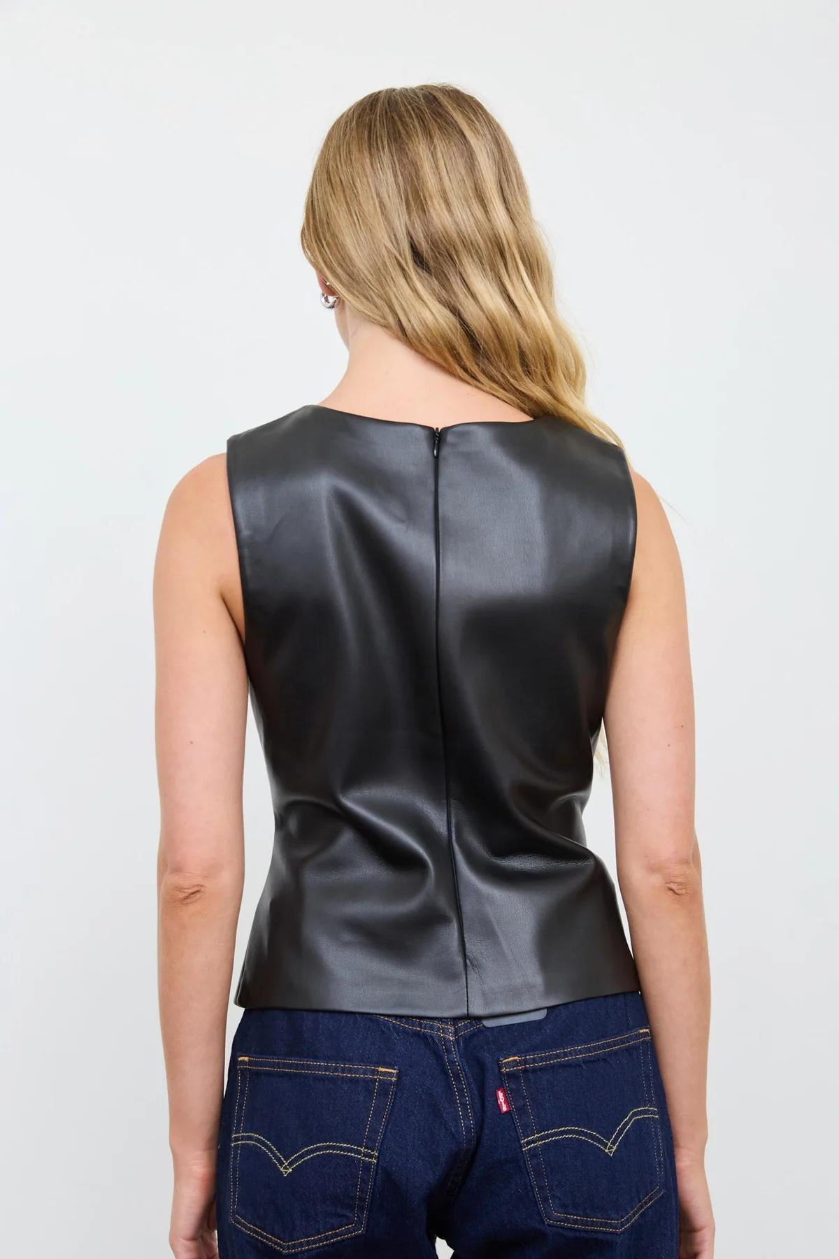 BLACK FAUX LEATHER ROUND NECK RUCHED SLEEVELESS TOP