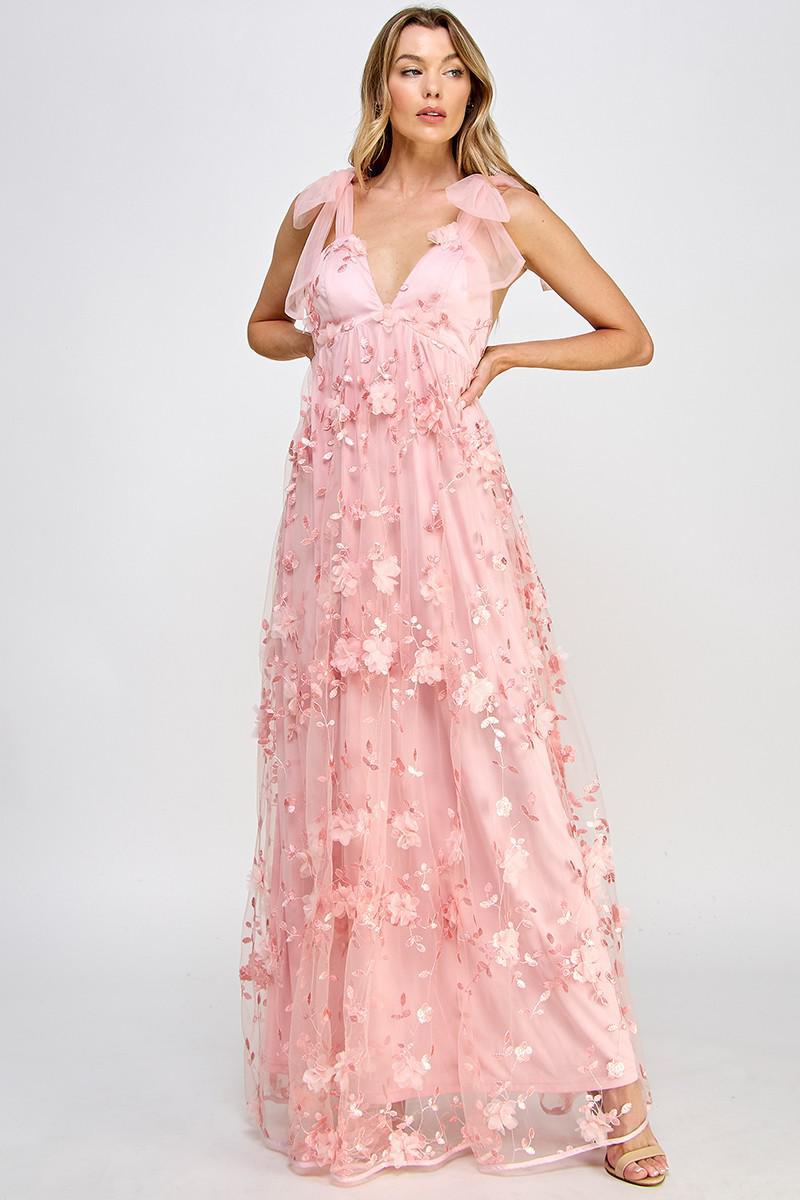 Pink Floral Rosette Maxi Dress