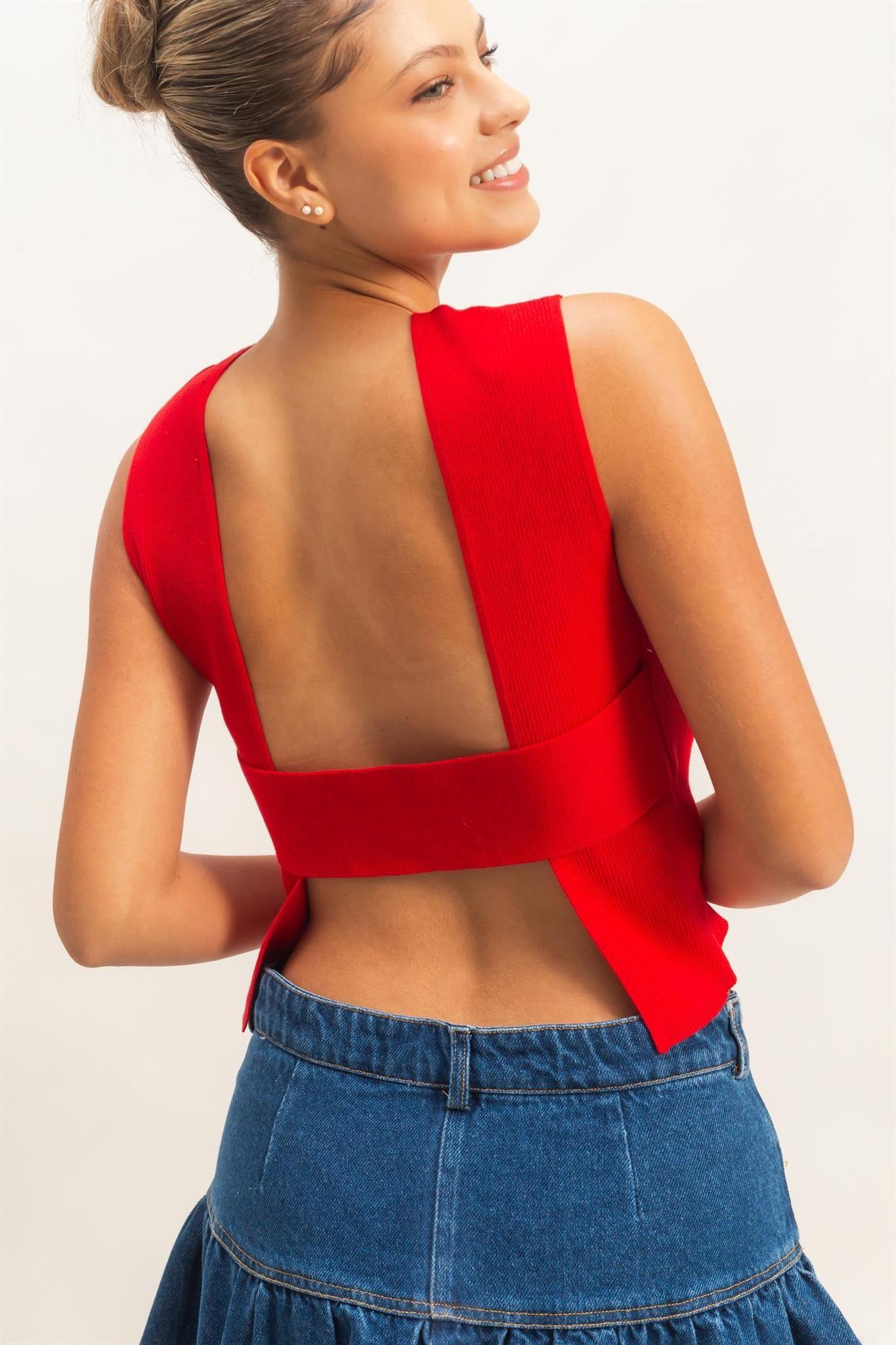 Ribbed Crew Neck Sleeveless Open Back Top