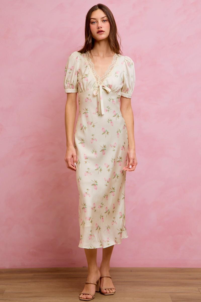 Floral Satin Print Lace Trim Midi Dress