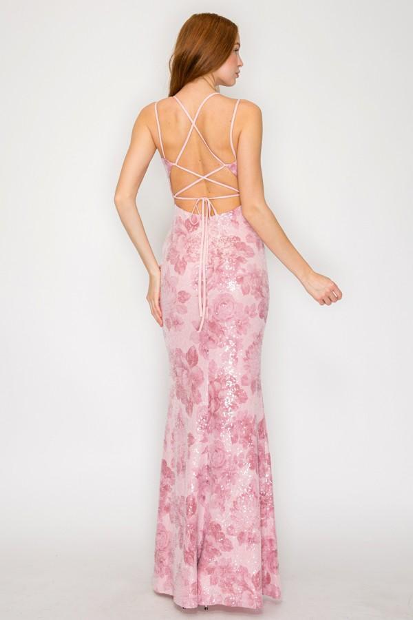 Mauve Floral Sequin Crossed Back Maxi Dress