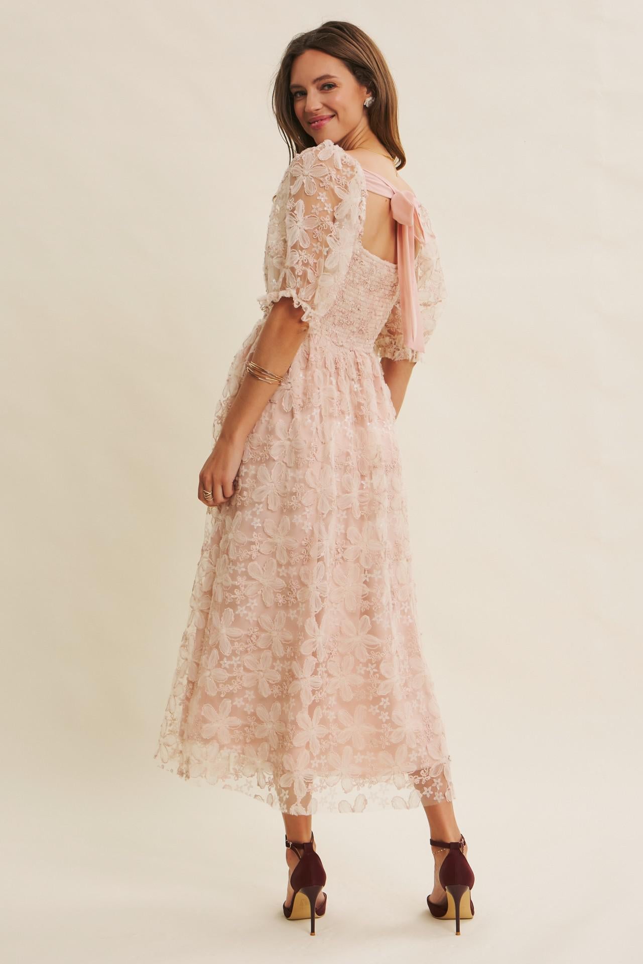 Dusty Pink Sheer Floral Sequin Midi Dress
