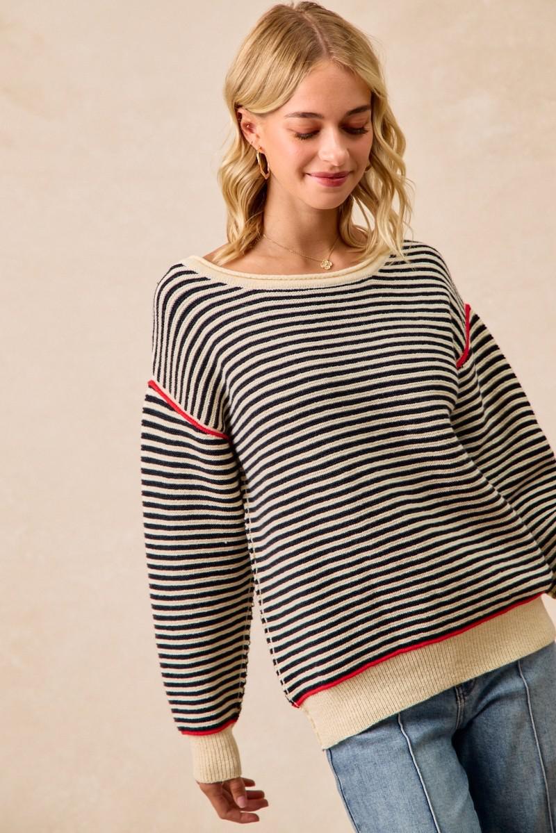 Stripe Knit Contrast Binding Sweater