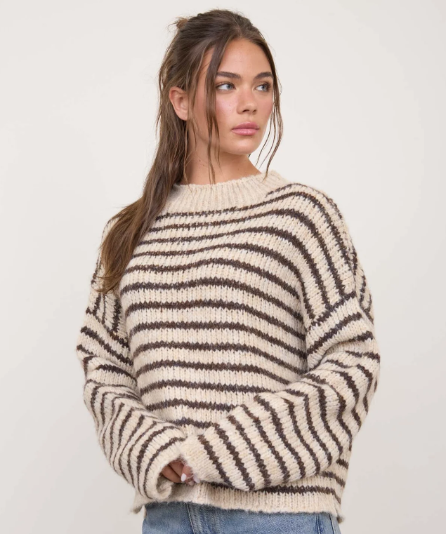 STRIPE ROLLED - EDGE DETAIL LONG SLEEVE KNIT SWEATER - Ivory