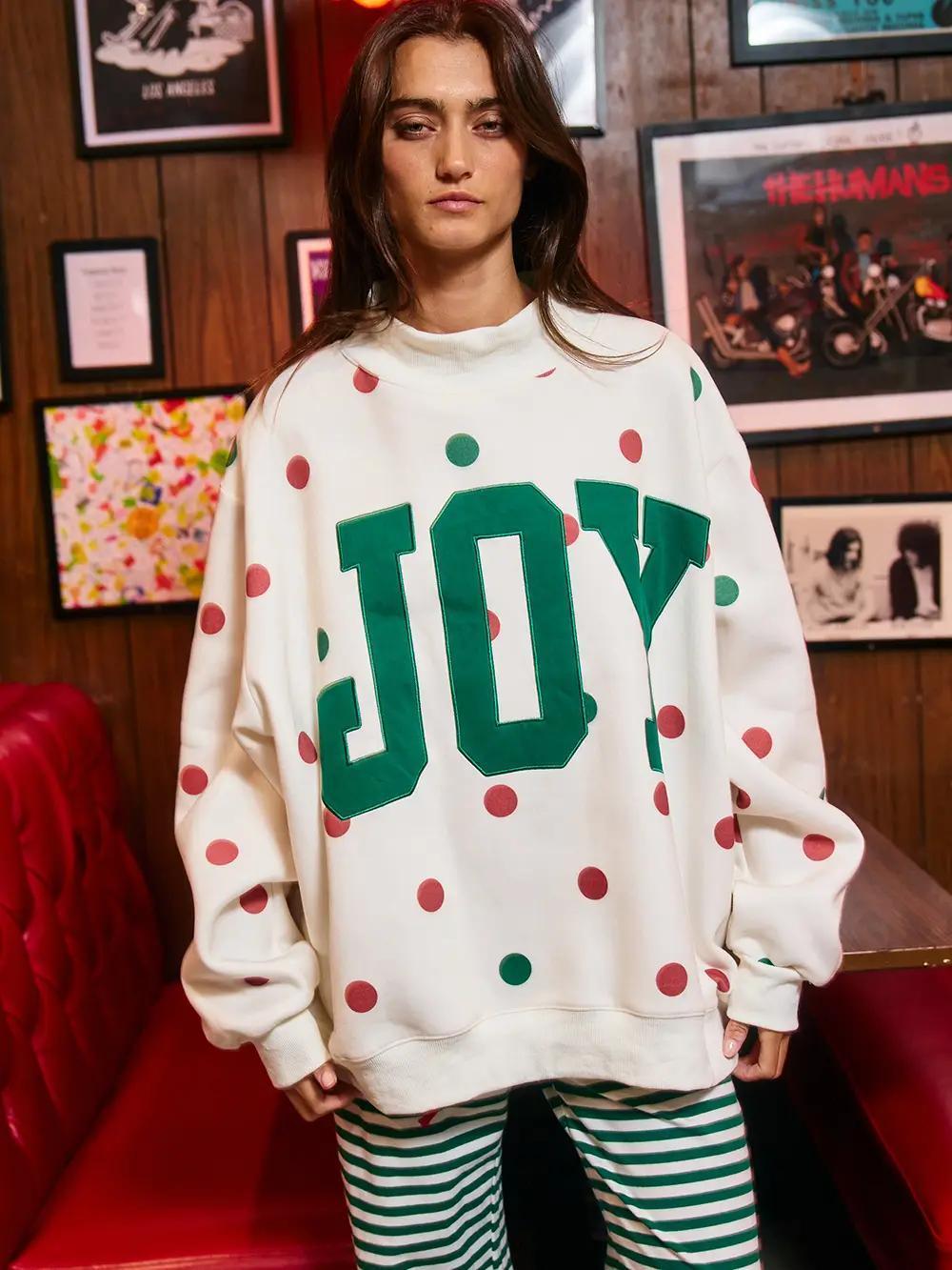 'Joy' Applique Patch Polka-Dot Mockneck Sweatshirt