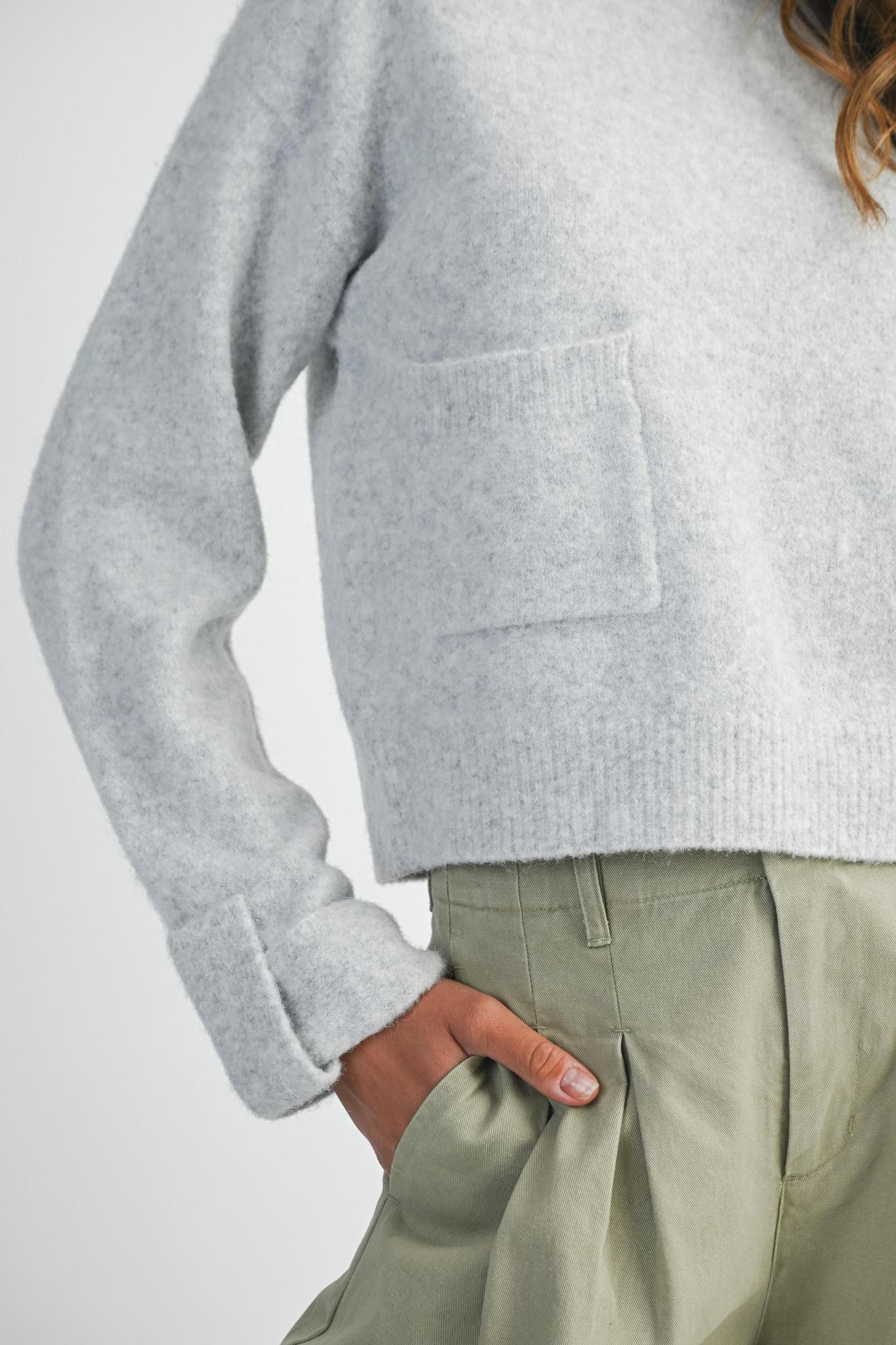 Grey Crew Neck Knit Sweater w/ Front Pockets