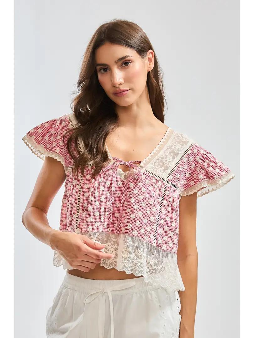 Red Gingham Lace Trim Blouse