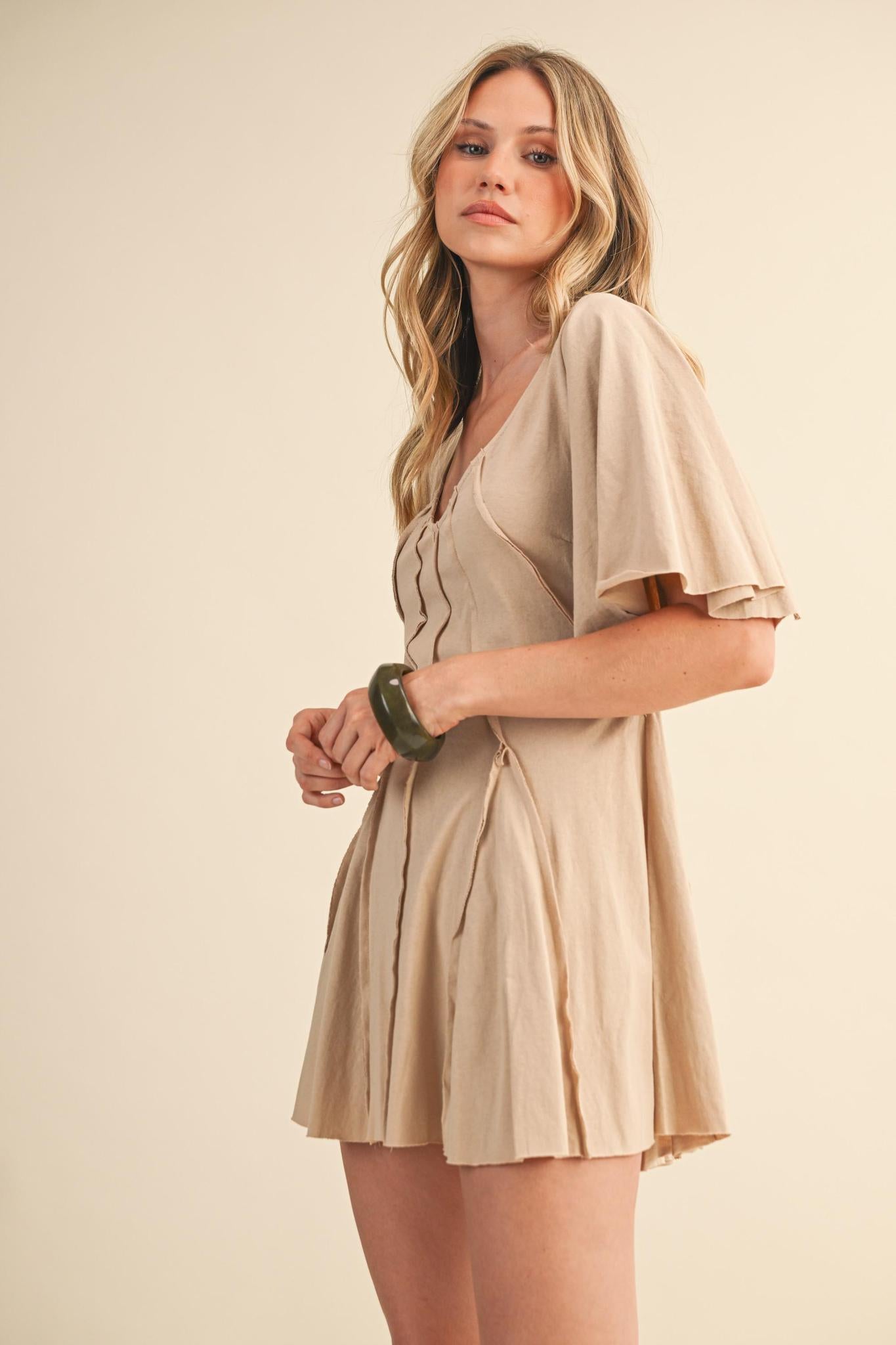Butterfly Sleeve Back Cutout Flared Mini Dress