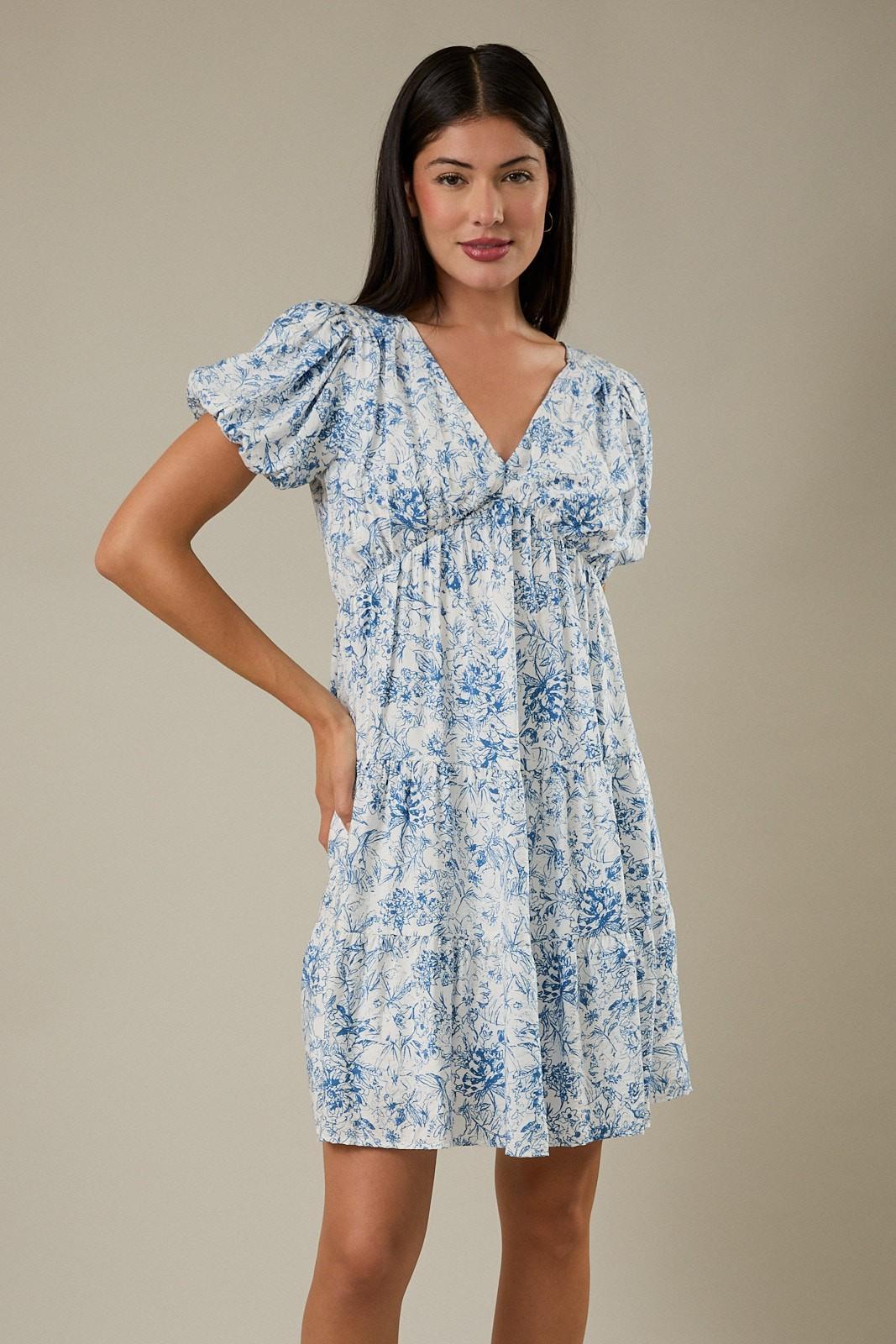 V-Neck Bubble Cut Out Back Floral Print Dress