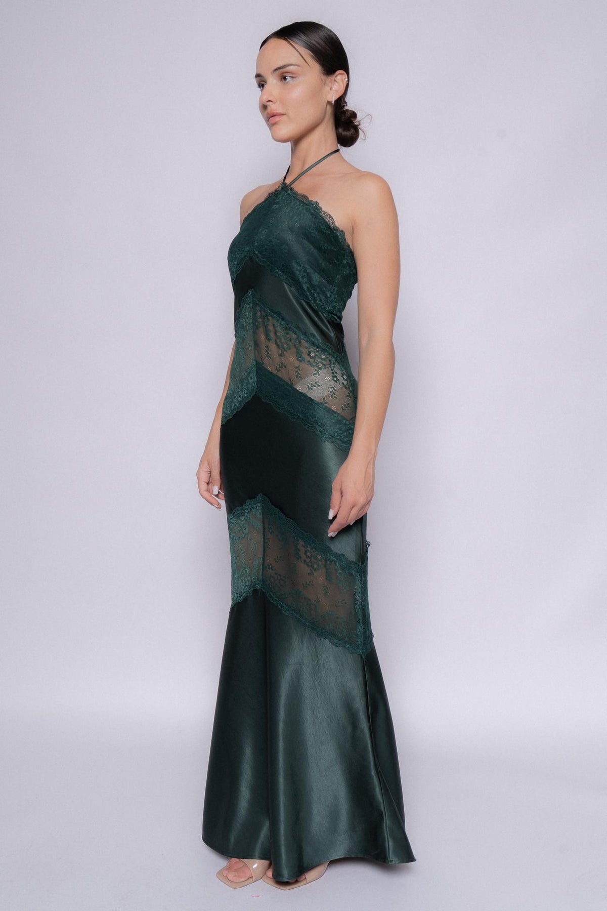 Forest Green Halter Lace Panel Maxi Dress