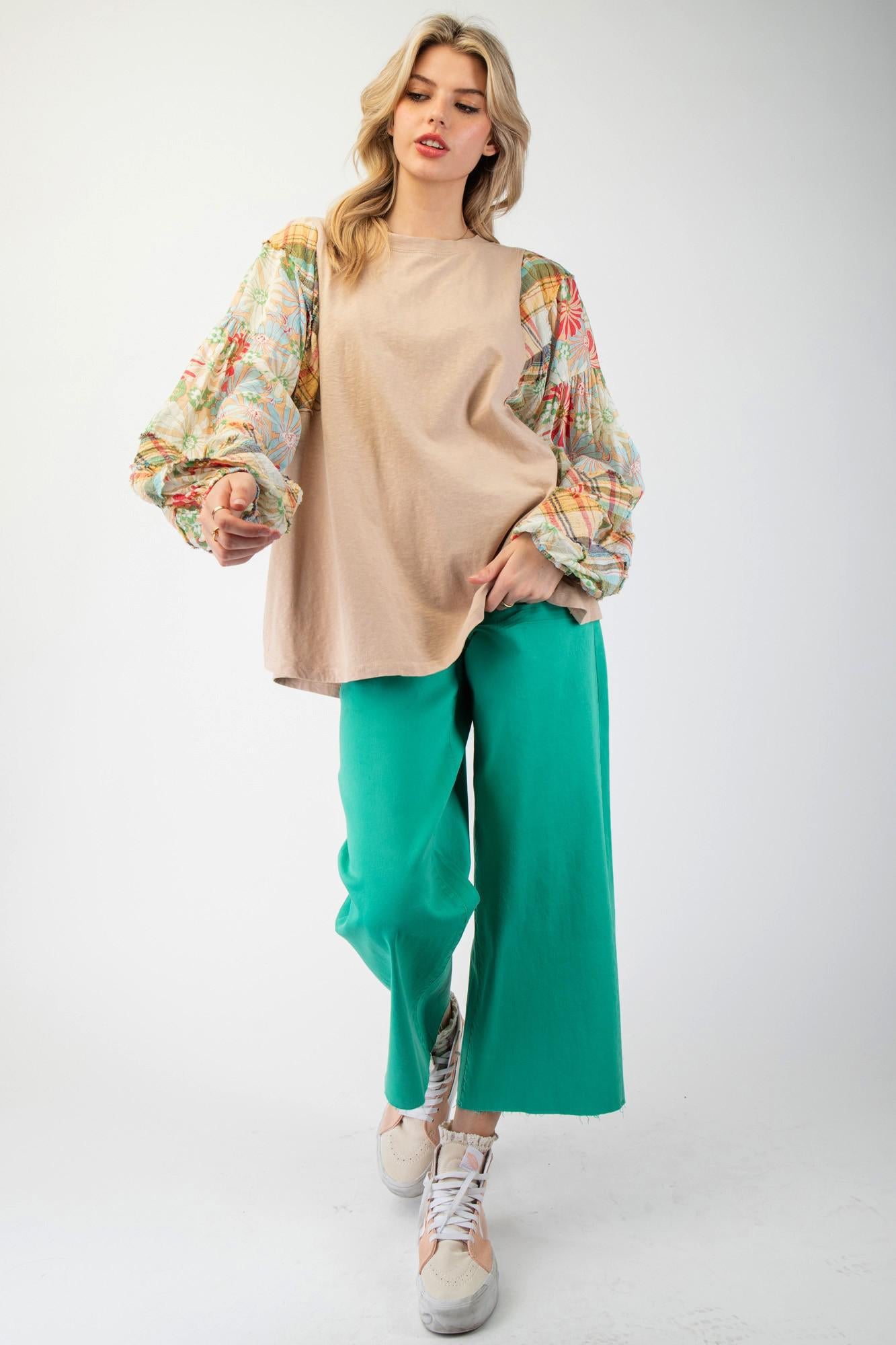 Khaki Floral Mix Print Cotton Blouse
