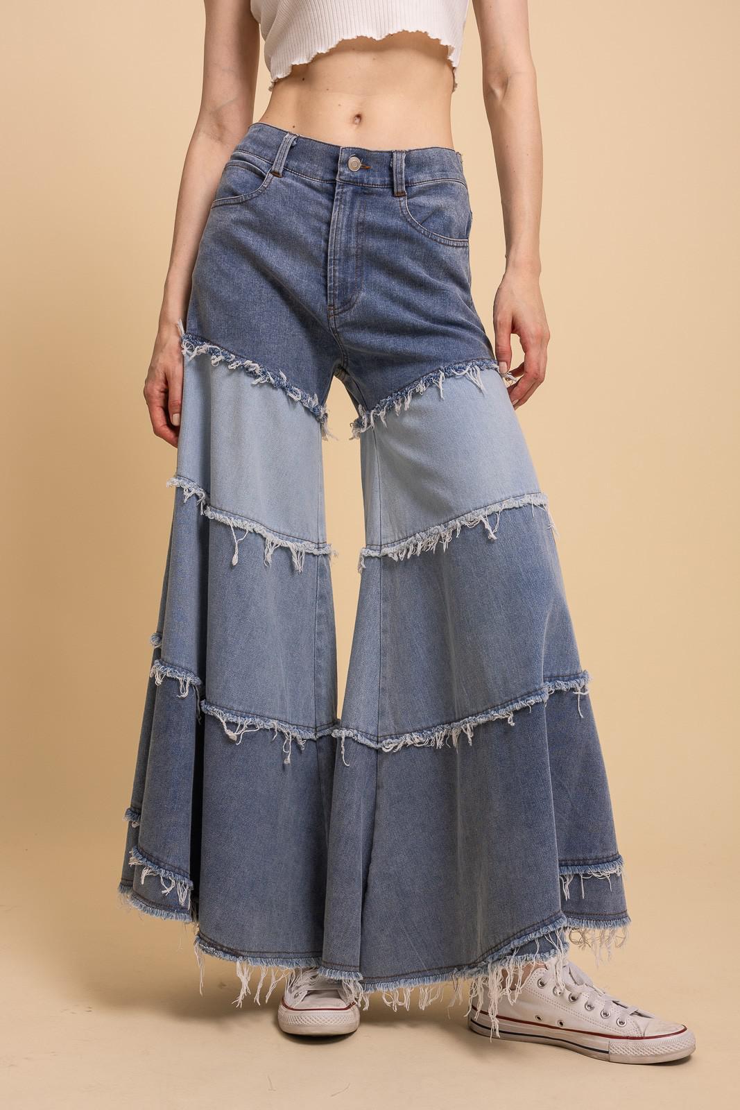 Tiered Contrast Denim Wide Leg Pants