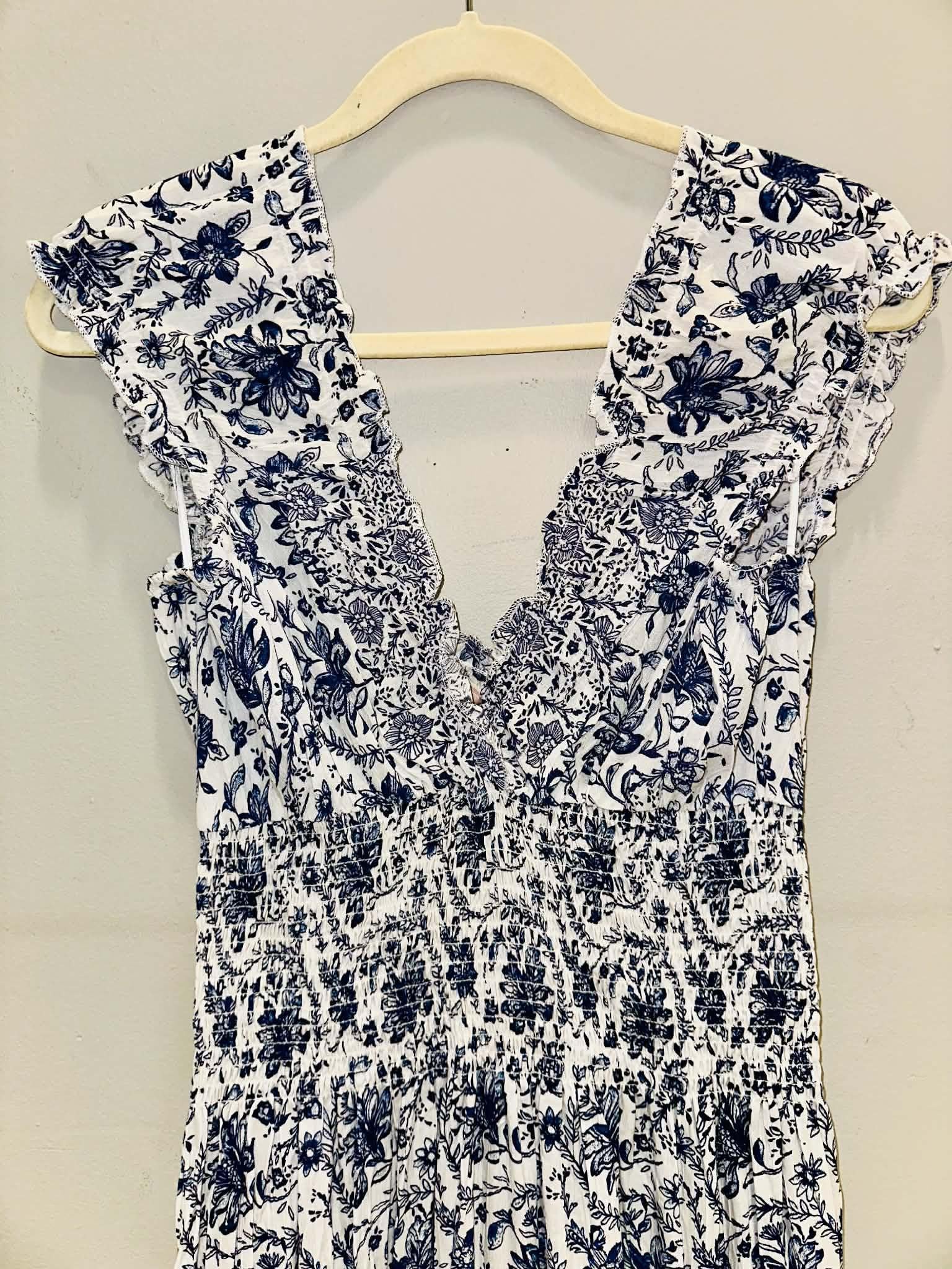 White & Blue Maxi Floral V-Neck Dress
