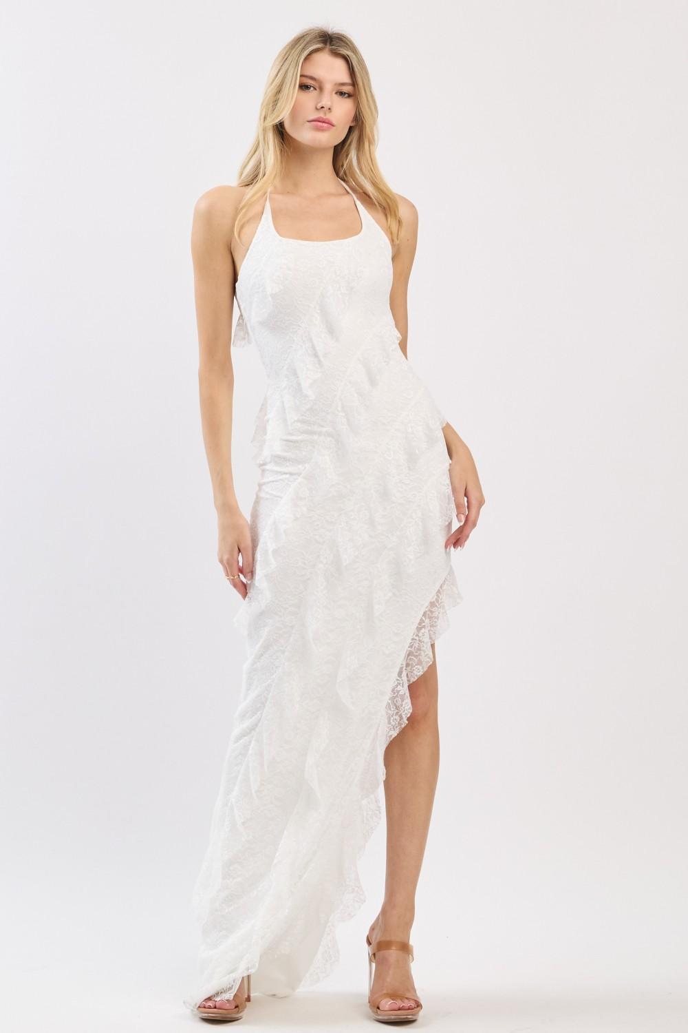 White Lace Halter Neck Ruffle Maxi Dress