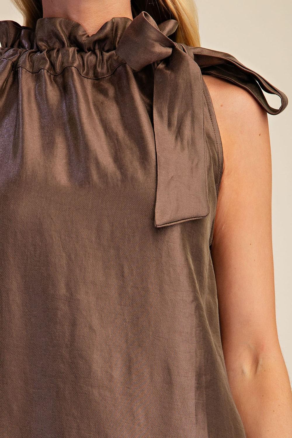 Mocha Ruffle Tie Neck Sleeveless Side Pocket Mini Dress