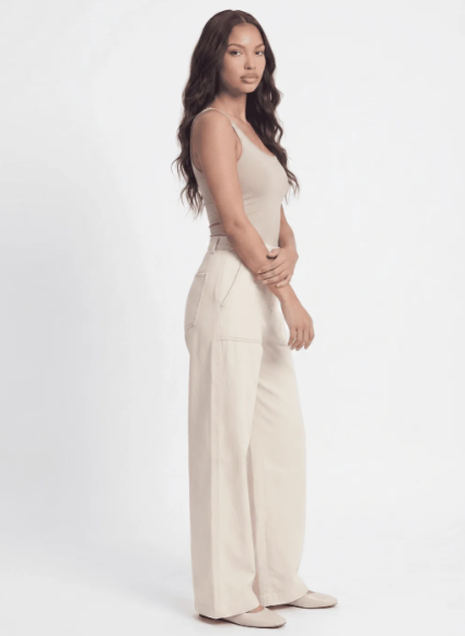 OATMEAL ELASTIC WAIST BUTTON WIDE LEG LINEN PANTS