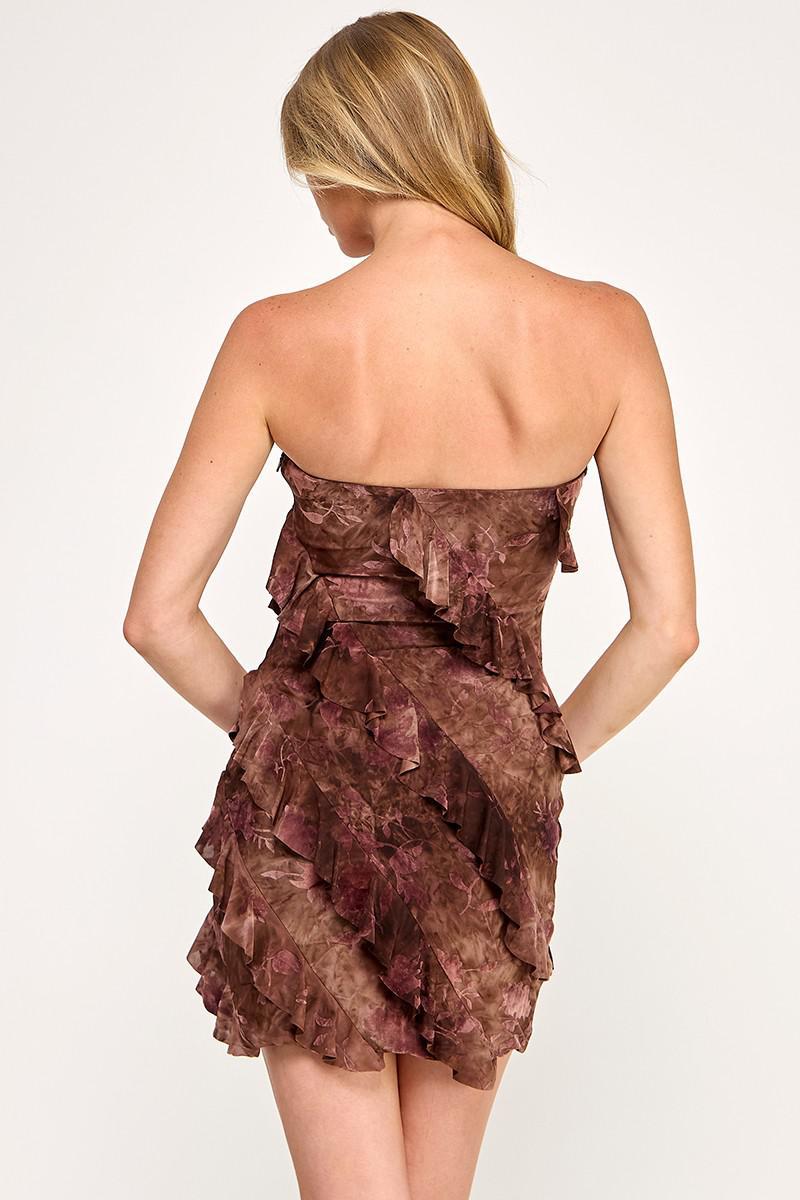 Brown Flocking Mesh Ruffle Mini Dress