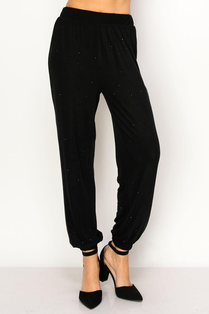 Mid Rise Rhinestone Hacci Knit Jogger Pants