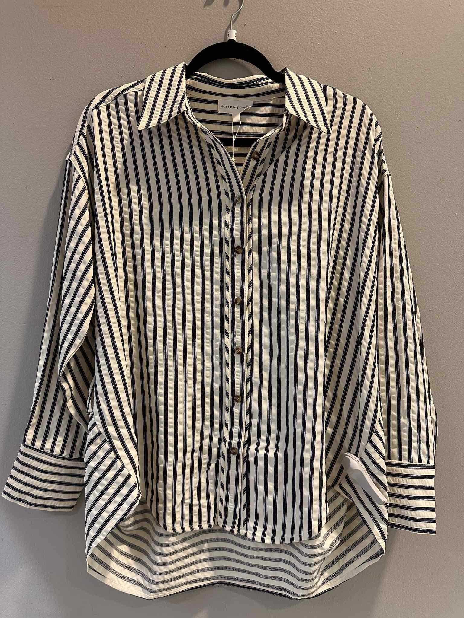Navy Striped Button-Up Blouse