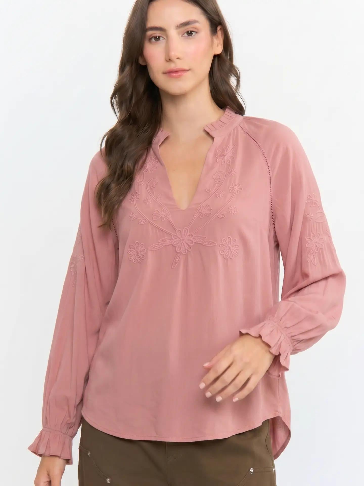 Boho-Chic Embroidered Mauve Peasant Blouse