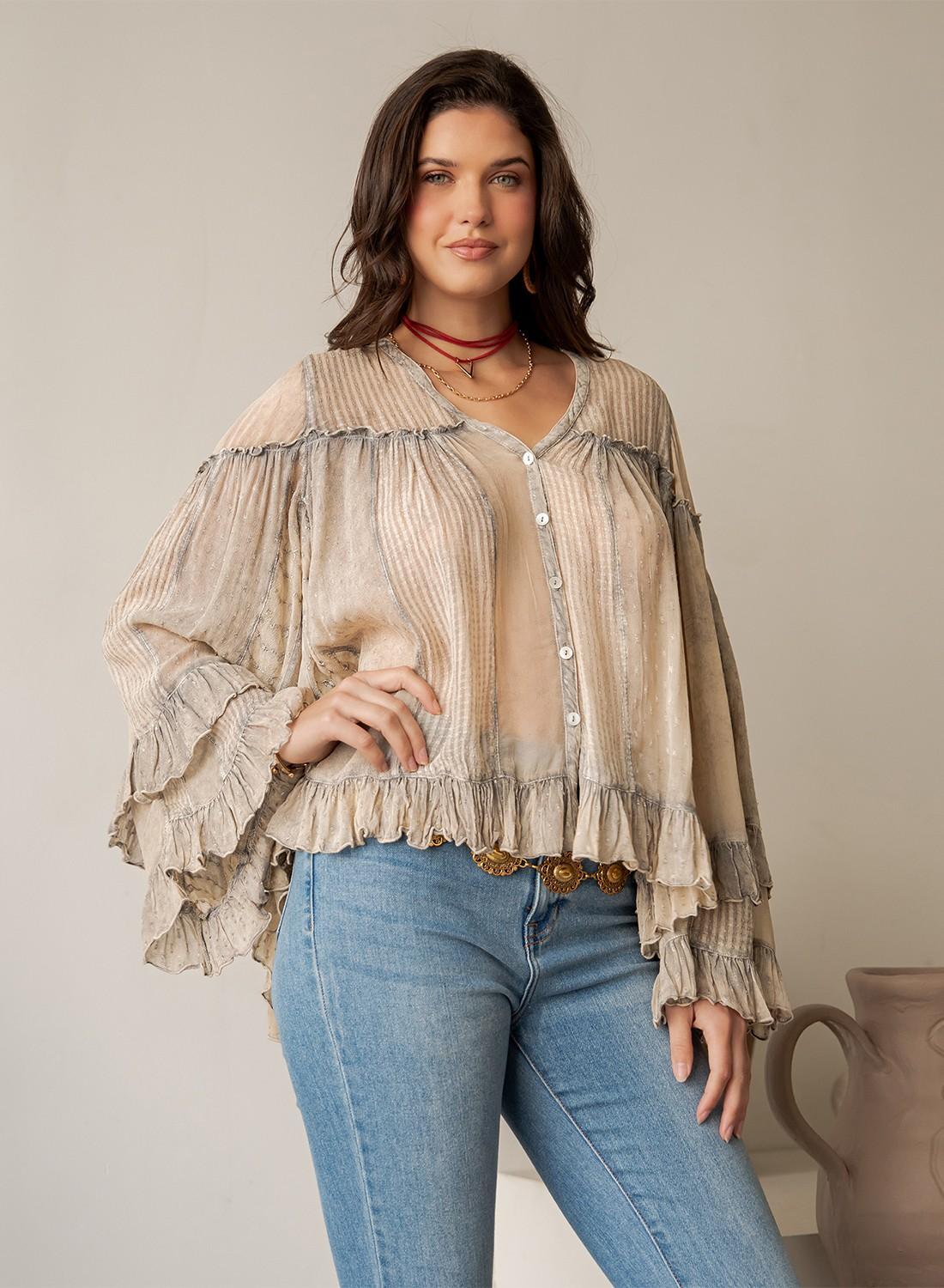 Dreamy Sheer V-neck Ruffled Button-front Top