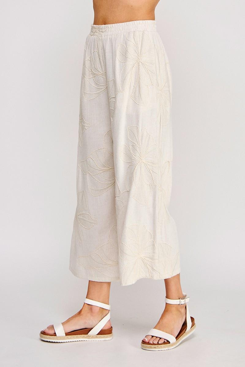 Floral Embroidered Soft Linen Cropped Pant