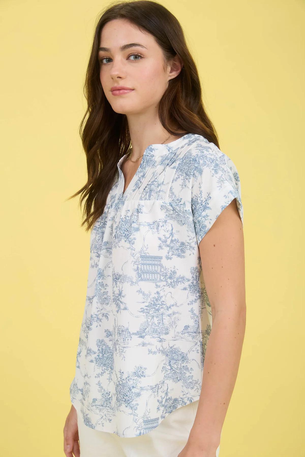 TOILE PRINT YOKE DETAIL SHORT SLEEVE TOP