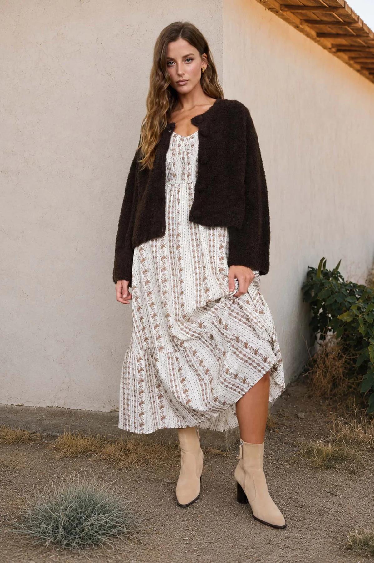 BROWN FLORAL STRIPE PUFF SLEEVE RUFFLED MIDI DRESS
