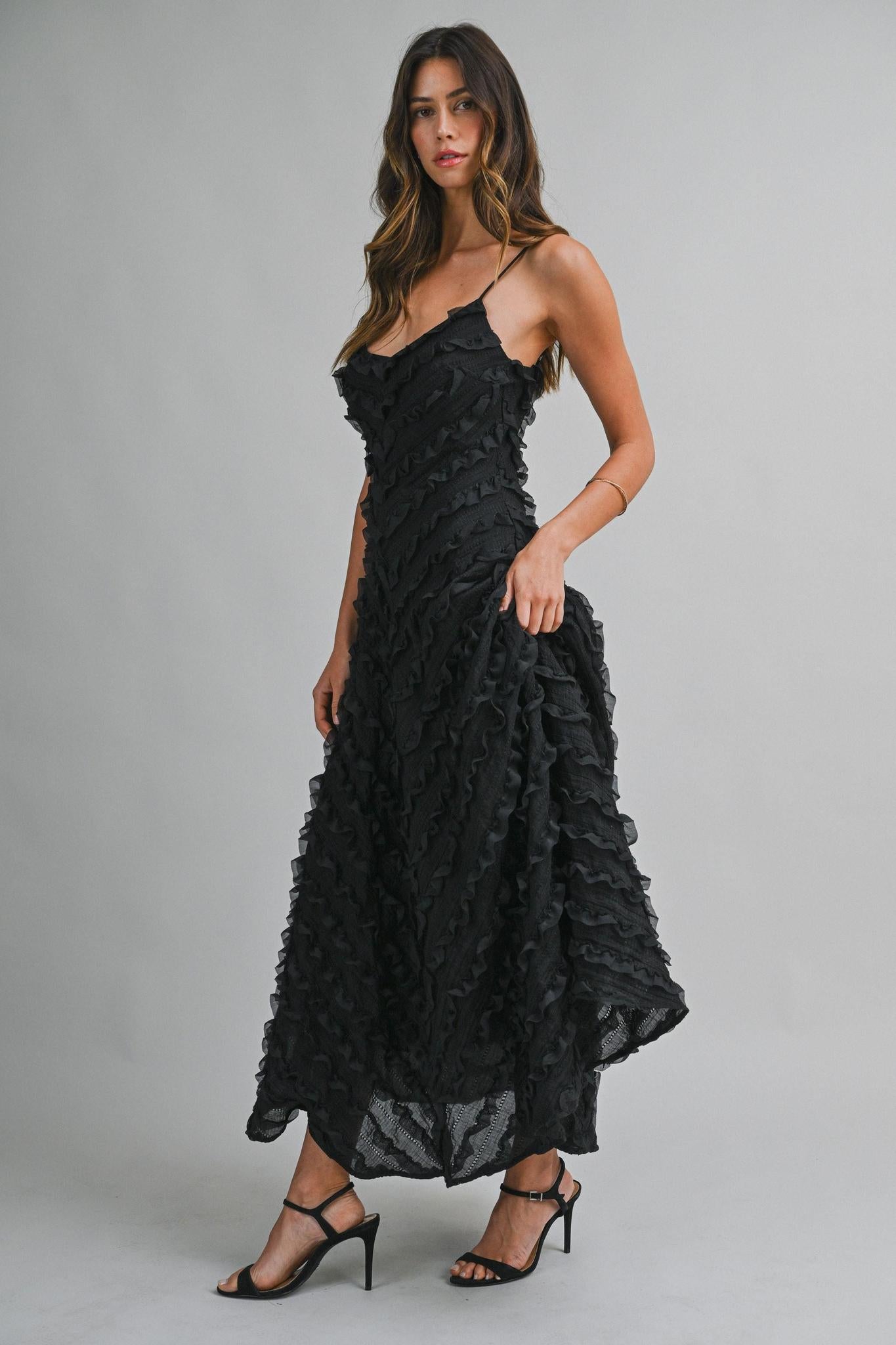 Black Adjustable Spaghetti Strap Chevron Ruffle Detail Midi Dress