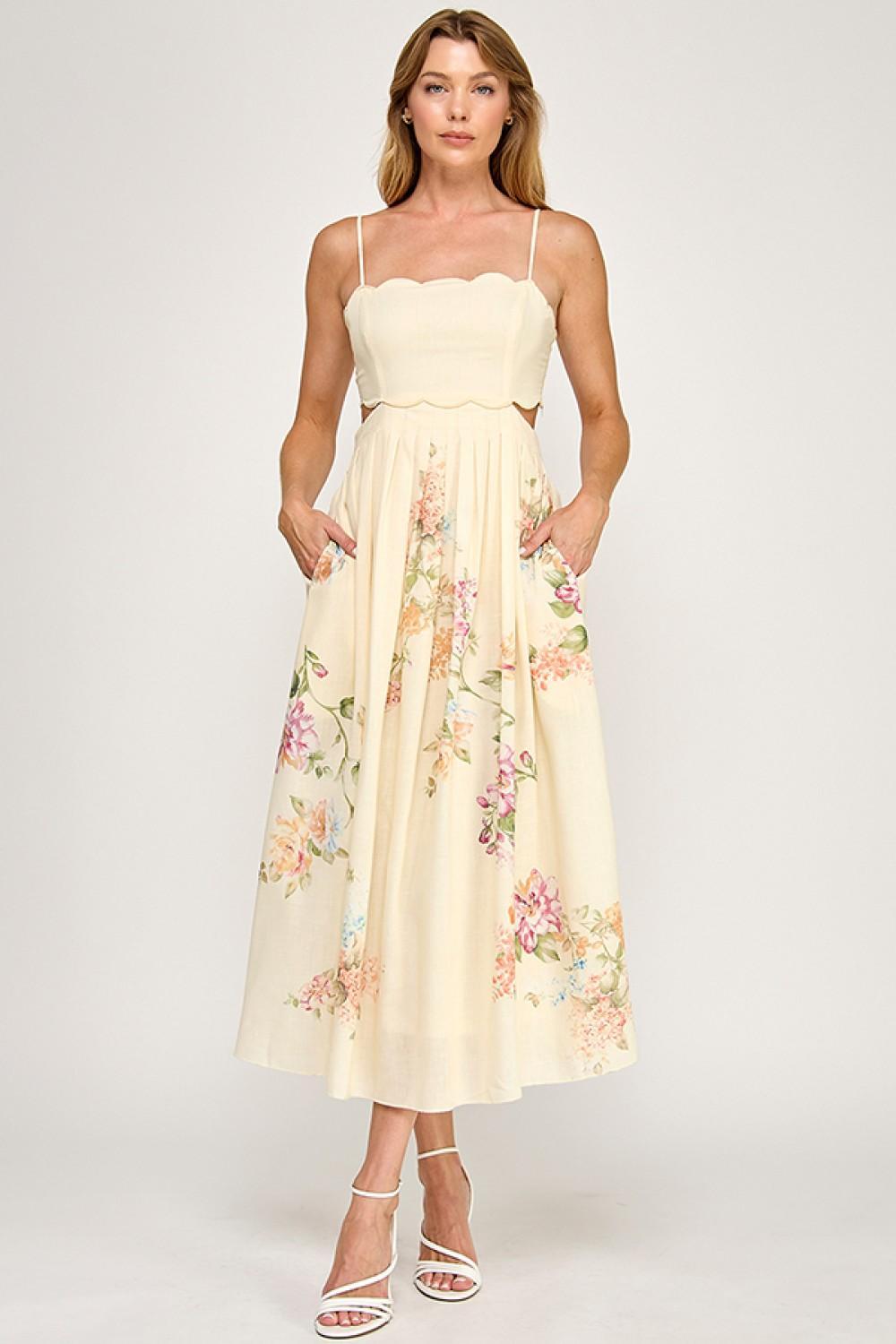 Cream Floral Scallop Dress