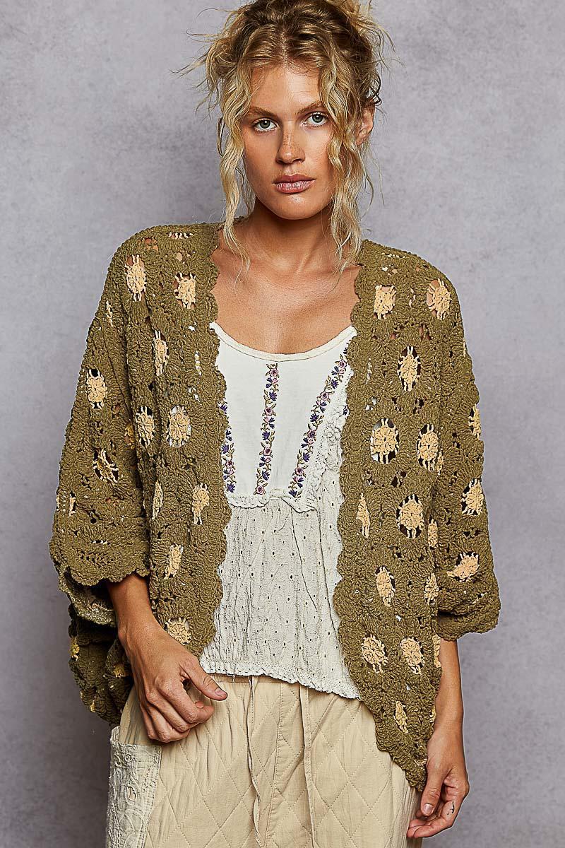 Olive Almond Crochet Cardigan O/S