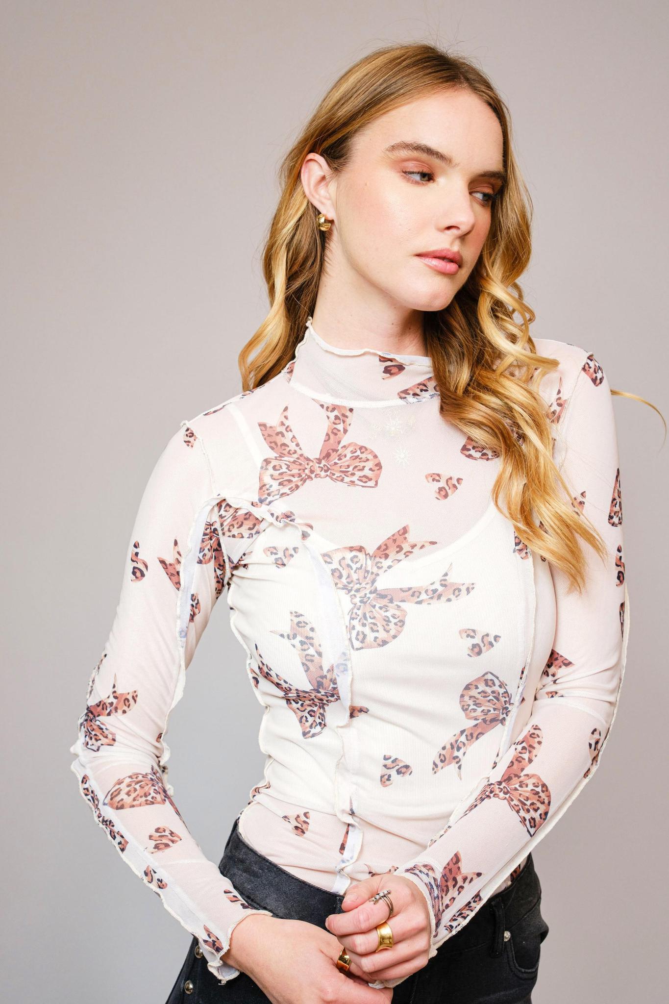 Mesh Leopard Bow Print Mock Neck Top