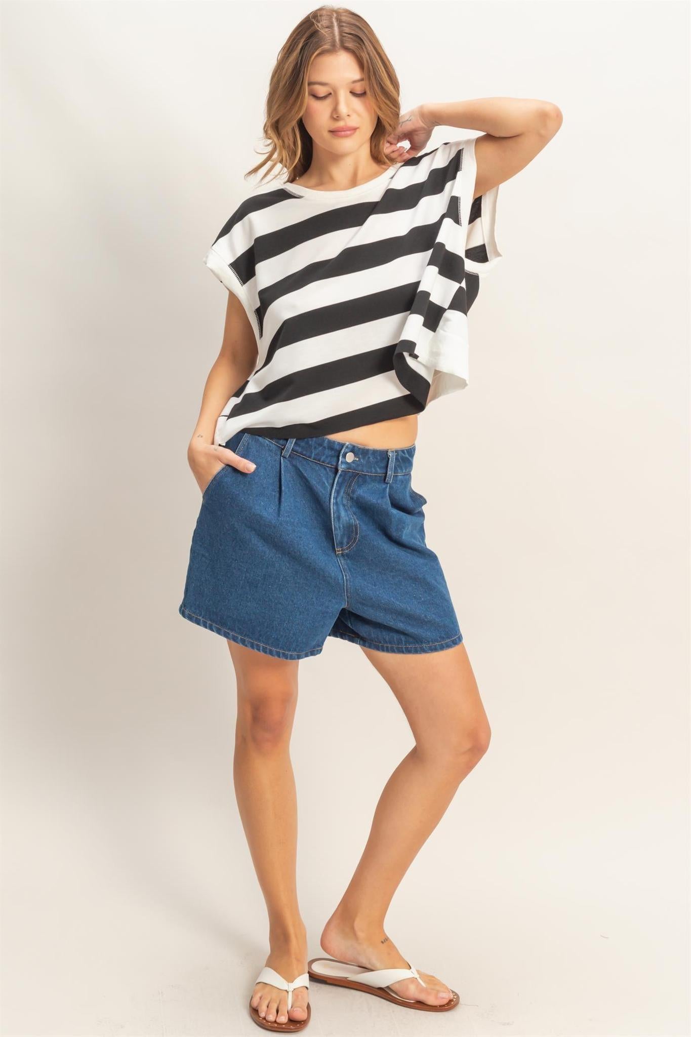 Striped Boxy Crew Neck Top - Black
