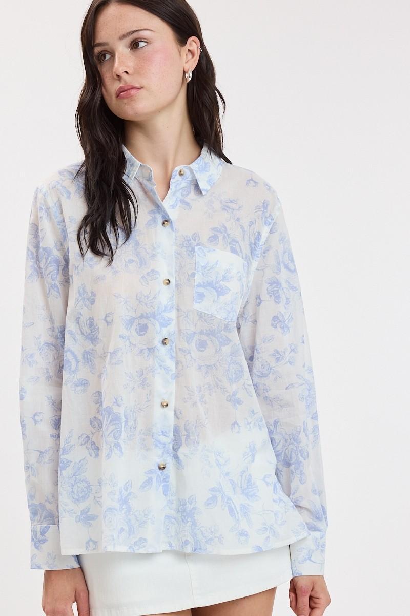 Blue Cotton Floral Front Button Down Blouse