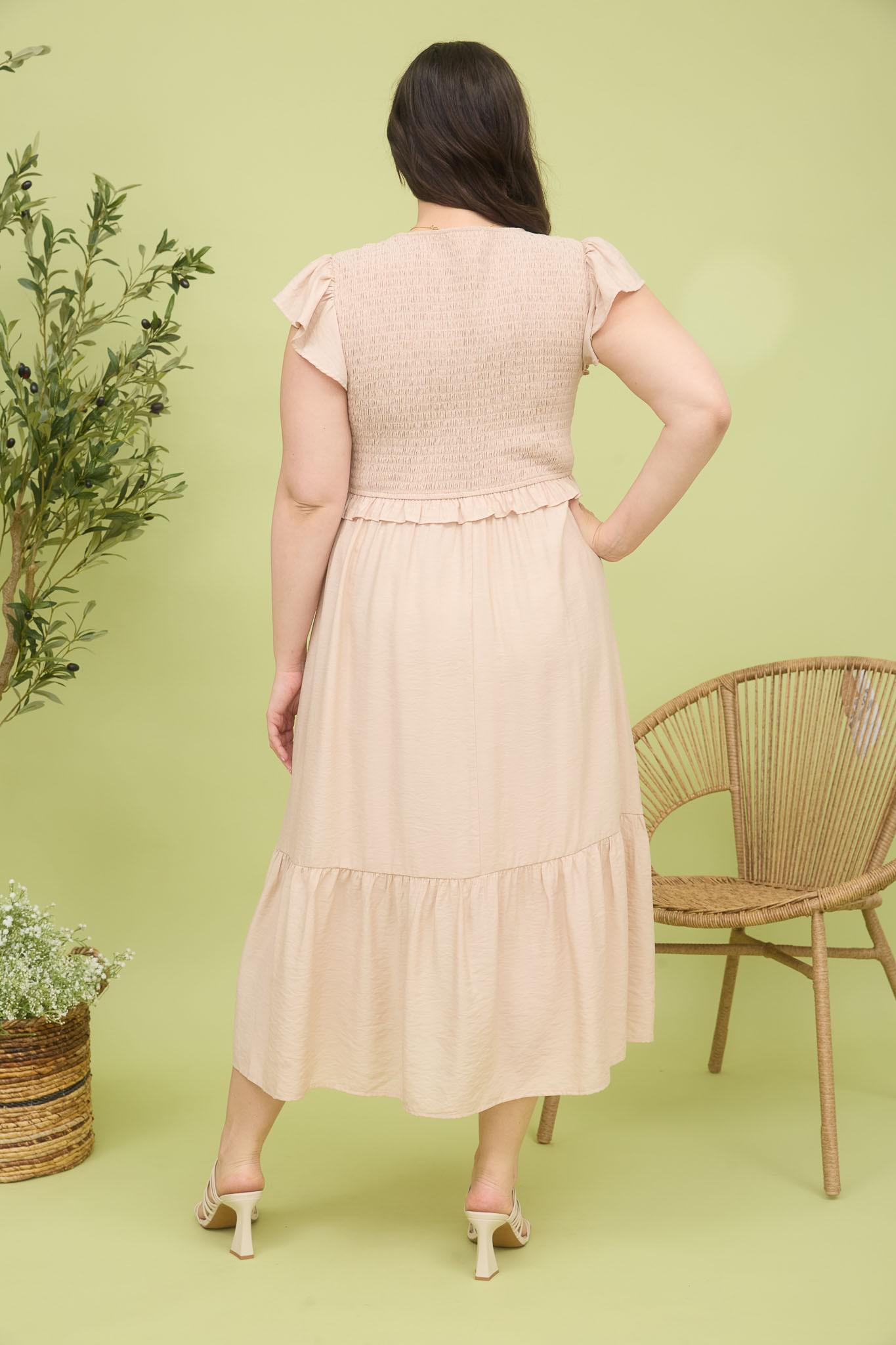 PLUS Khaki Bow Detail Smocked Ruffled Dress