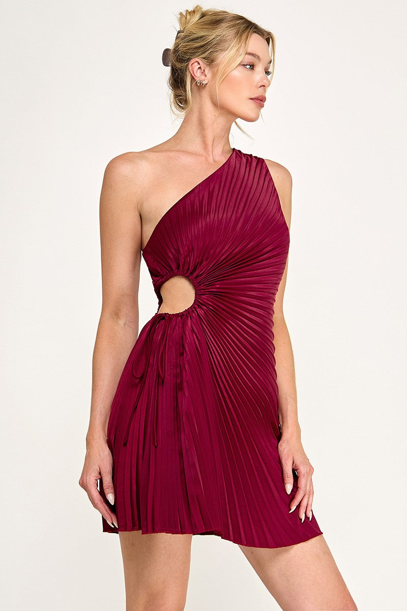 Wine Satin Asymmetrical One-shouler Pleated Mini Dress