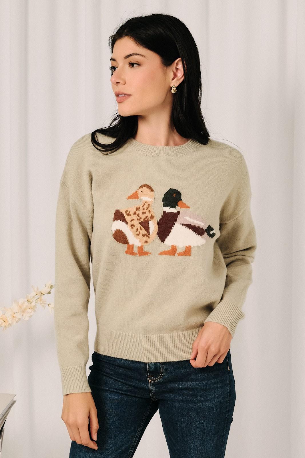 Round Neck Mallard Duck Graphic Long Sleeve Knit Sweater