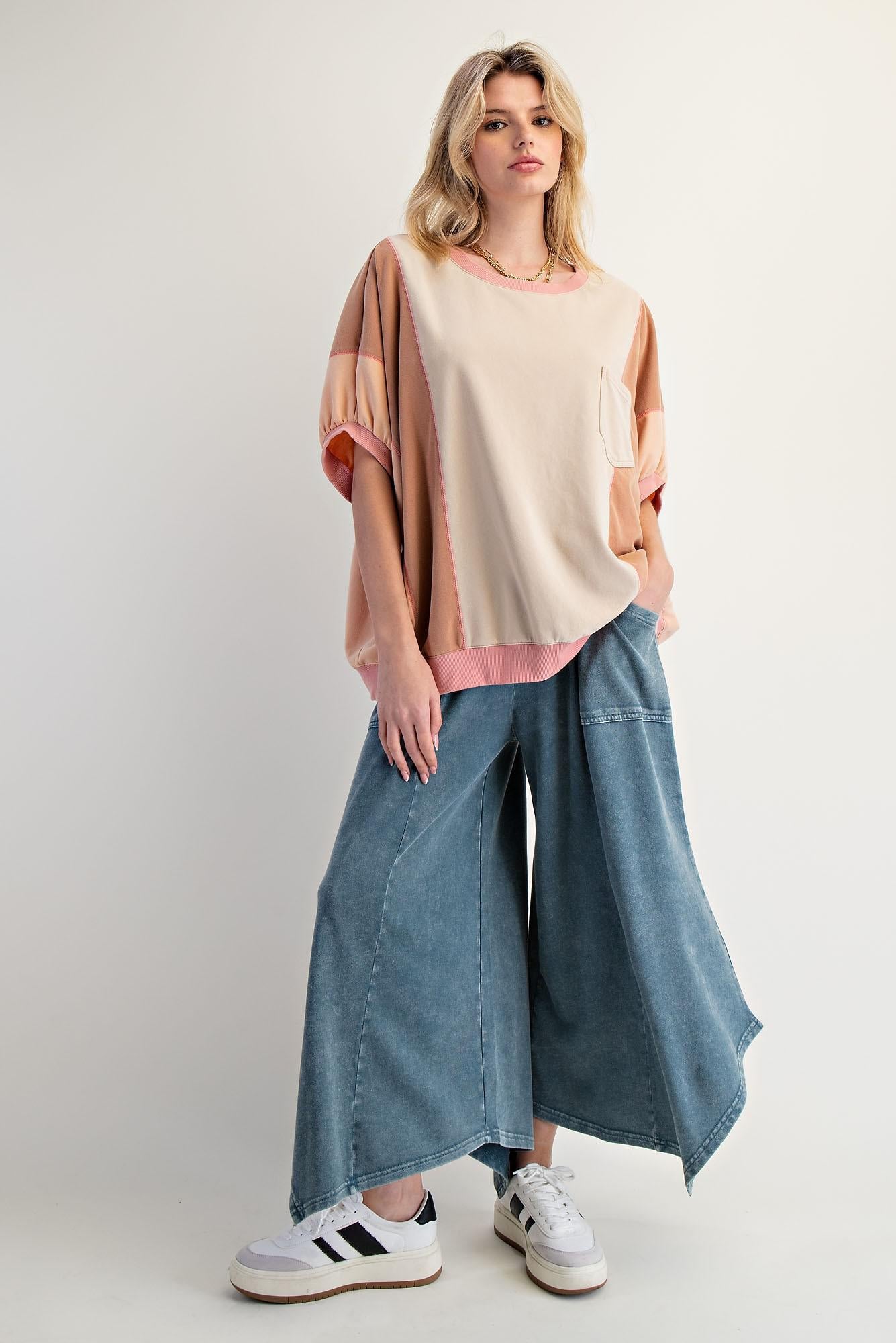 Color Block Mineral Washed Terry Knit Top