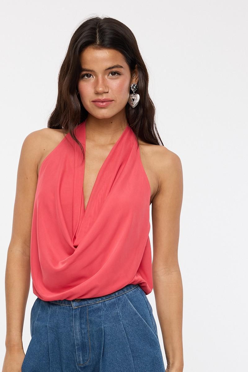 Red Halter Tie Back Strap Mesh Top