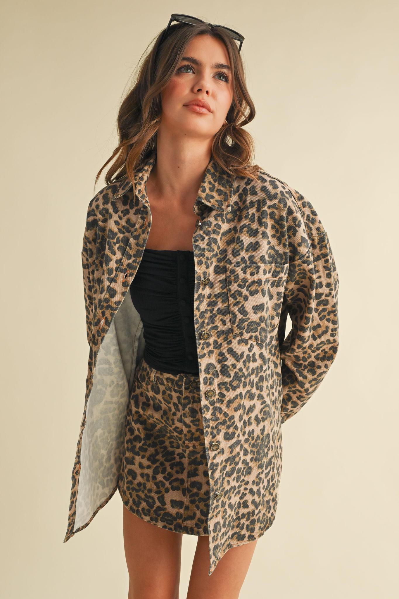Leopard Shacket And Mini Skirt Set
