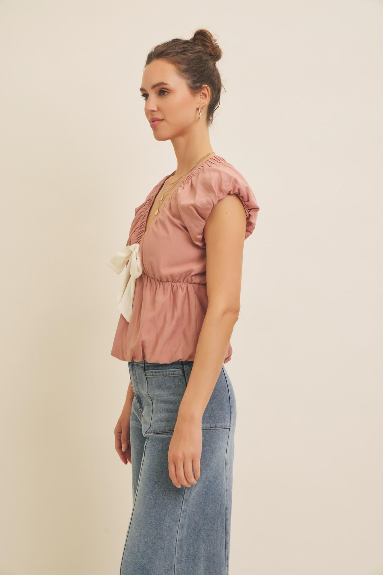 Mauve Bubble V-neck Blouse Top With Front Bow
