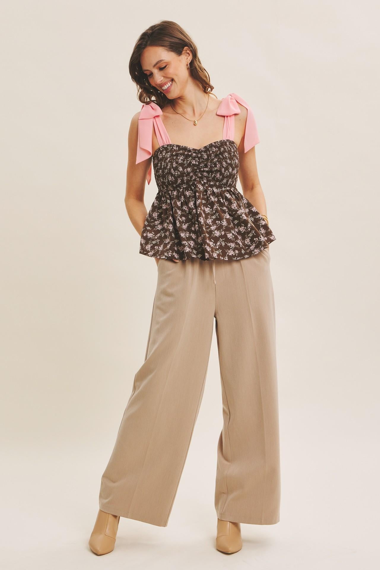 Brown/Pink Romantic Floral Flowy Smocked Top
