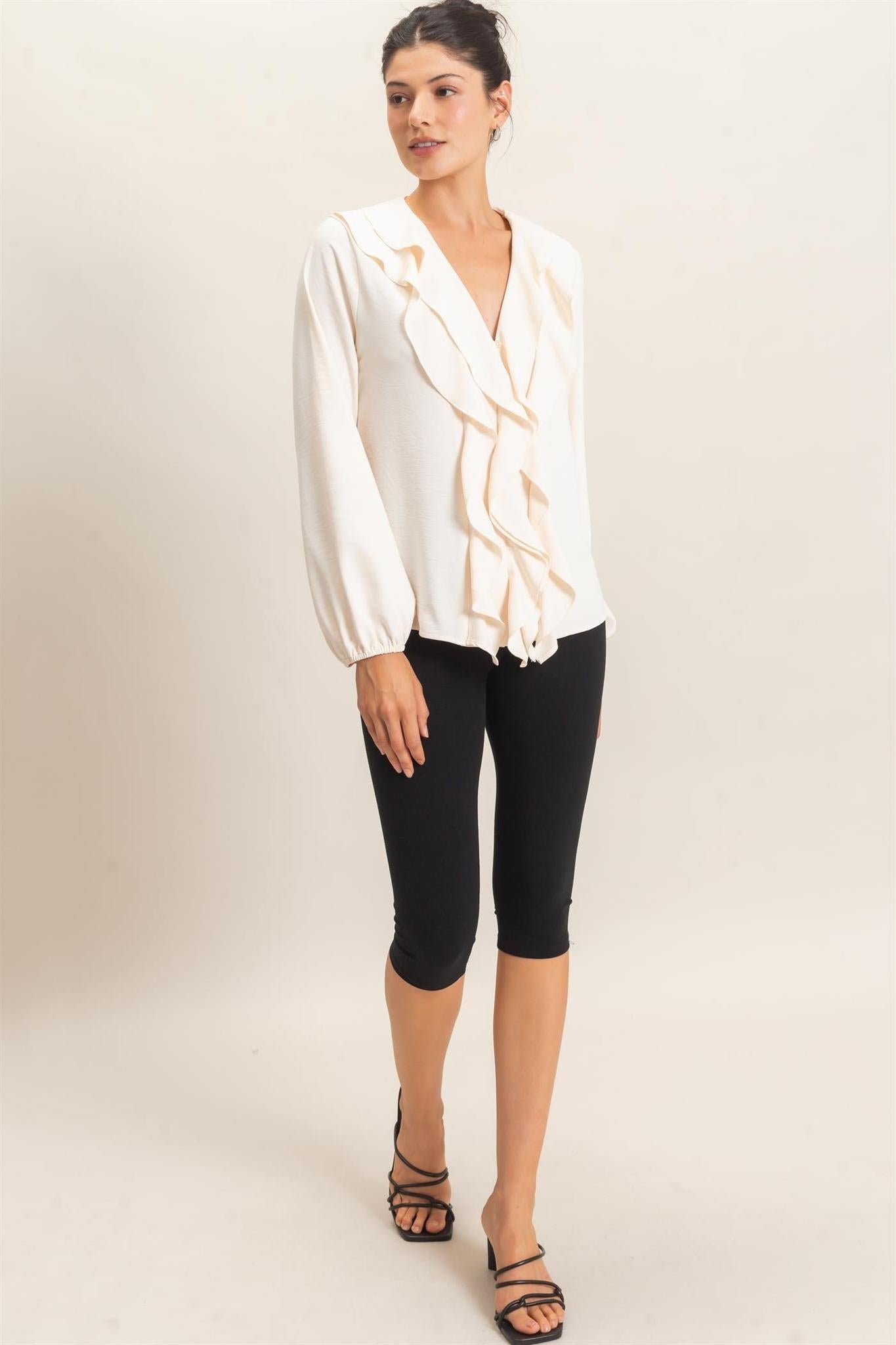 Alpaca Ruffled V-neck Button-up Blouse