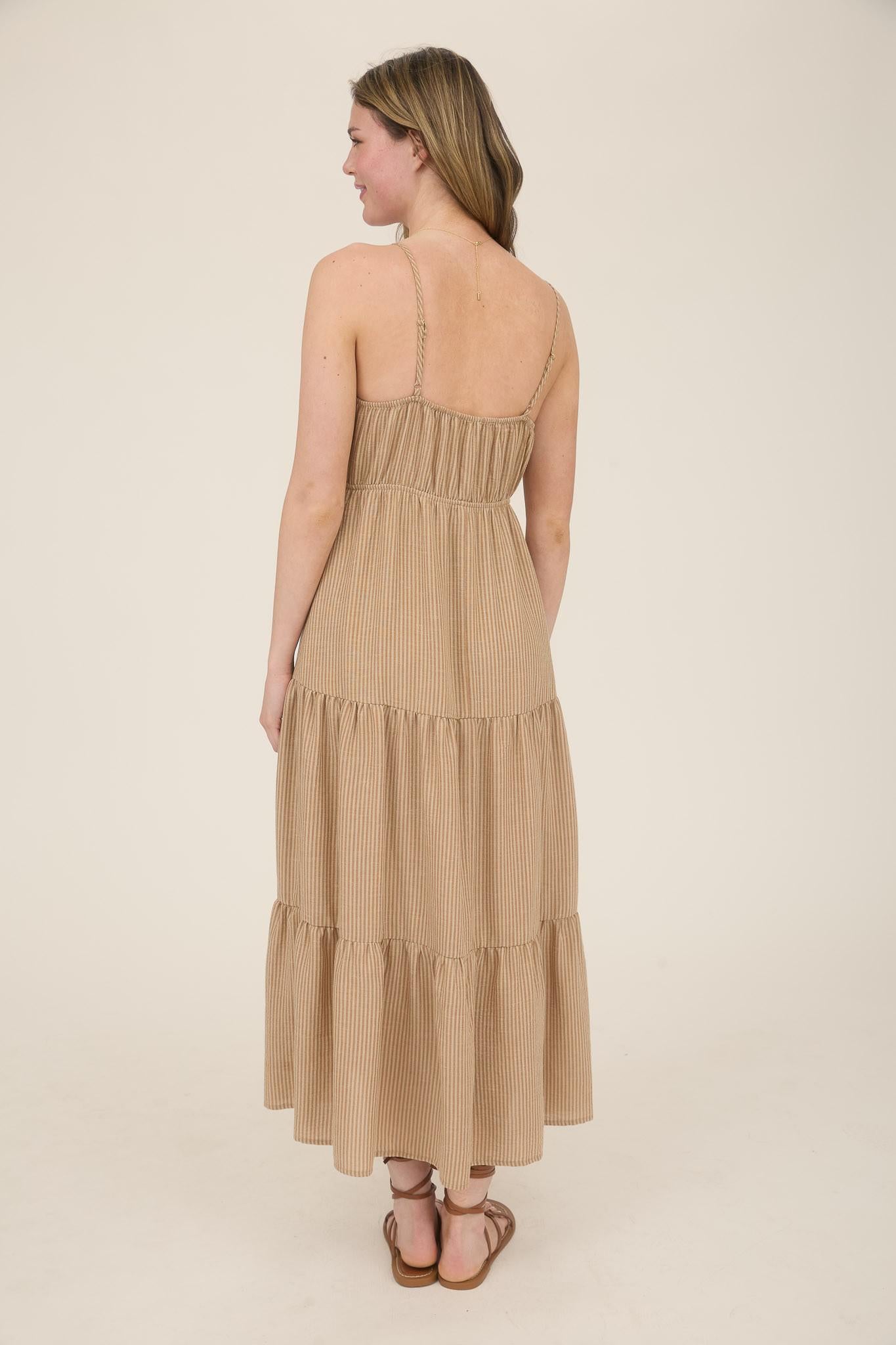 Striped Front Tie Tiered Midi Sundress
