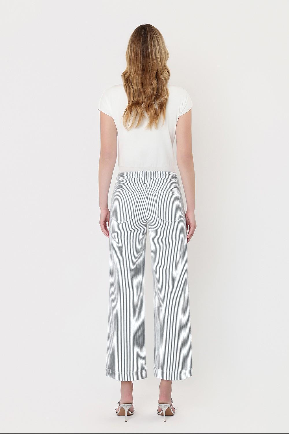 High Rise Patch Pocket Crop Striped Wide Leg Jeans